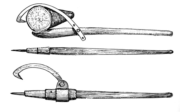 A pen and ink drawing of three American Peaveys, used to roll, pry and position logs.