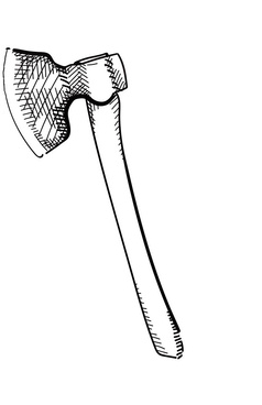 A pen and ink drawing of a broad axe.