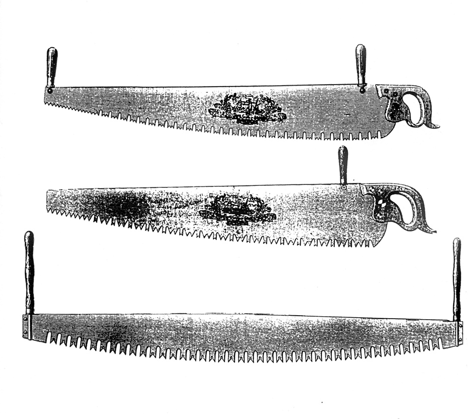 A drawing of three different versions of a cross-cut saw.