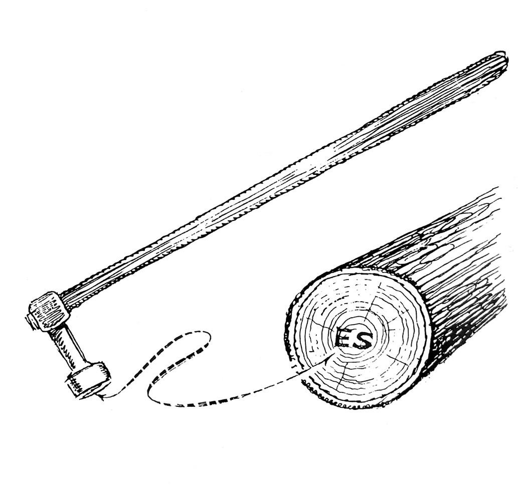 A pen and ink drawing of a marking axe, or marking hammer, which had raised letters or numbers that left a stamped impression when struck against the log’s end.