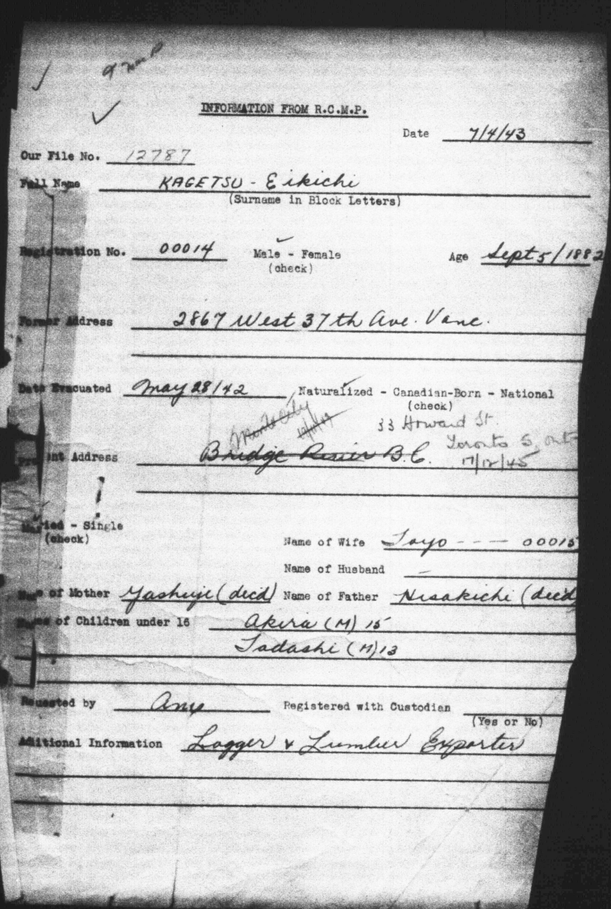  Eikichi Kagetsu's Custodian case file courtesy of Landscapes Of Injustice.