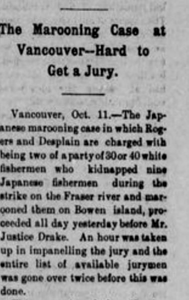 A newspaper clipping with the headline: "The Marooning Case at Vancouver - Hard to Get a Jury"