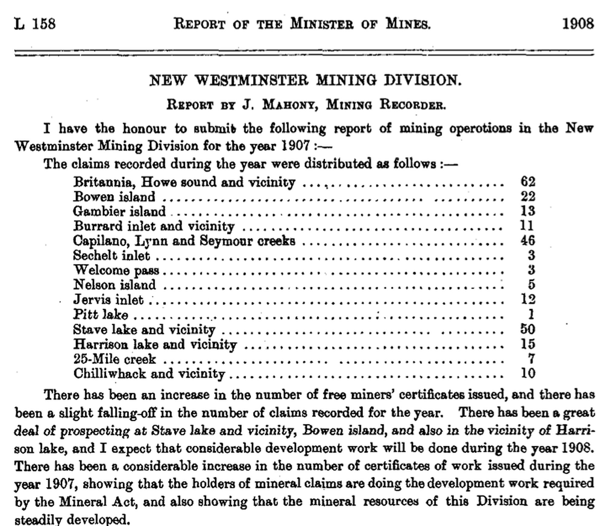 A printed report of the Minister of Mines listing new claims staked in 1907