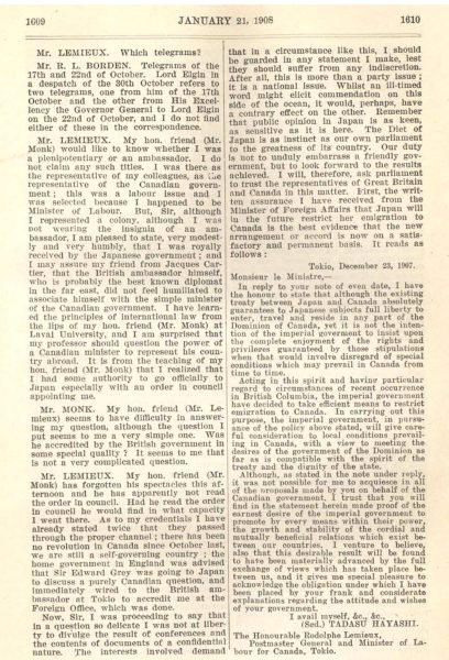 January 20, 1908: two column printed page from a transcript of discussion in the House of Commons