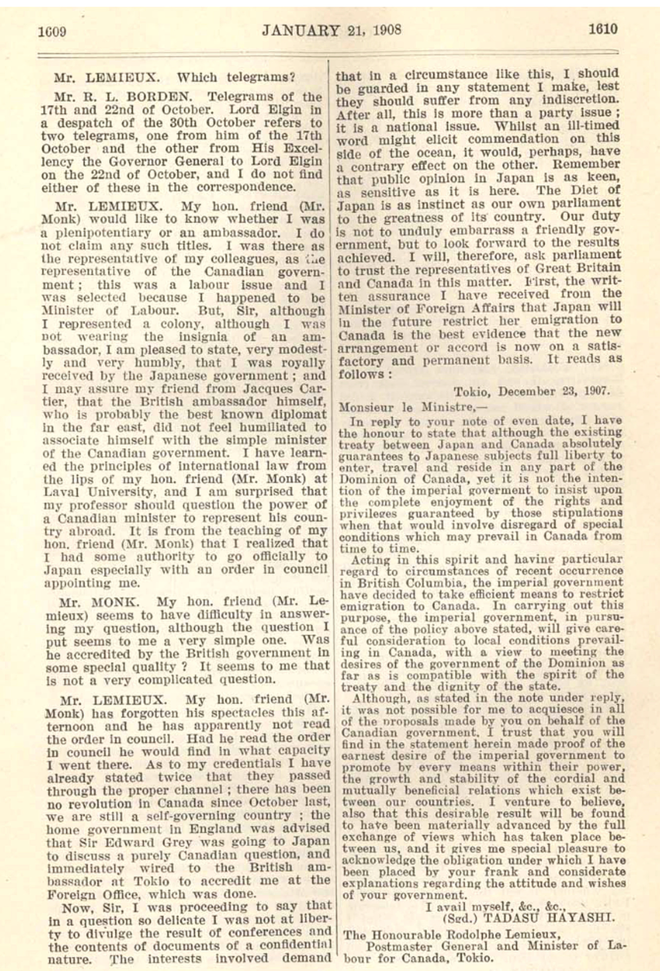 January 20, 1908: two column printed page from a transcript of discussion in the House of Commons