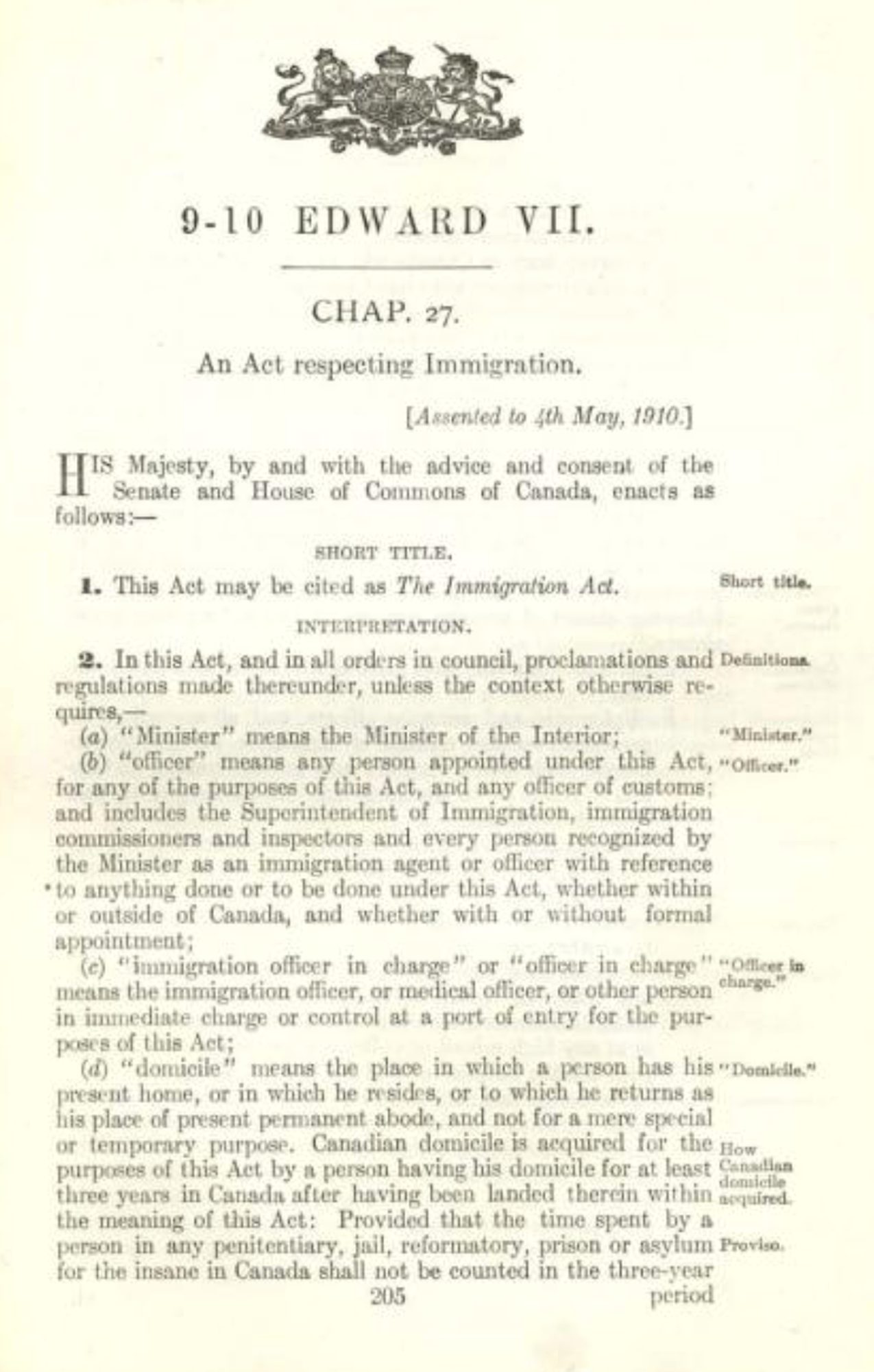 An old legal document with a crest and the title "An Act respecting Immigration"