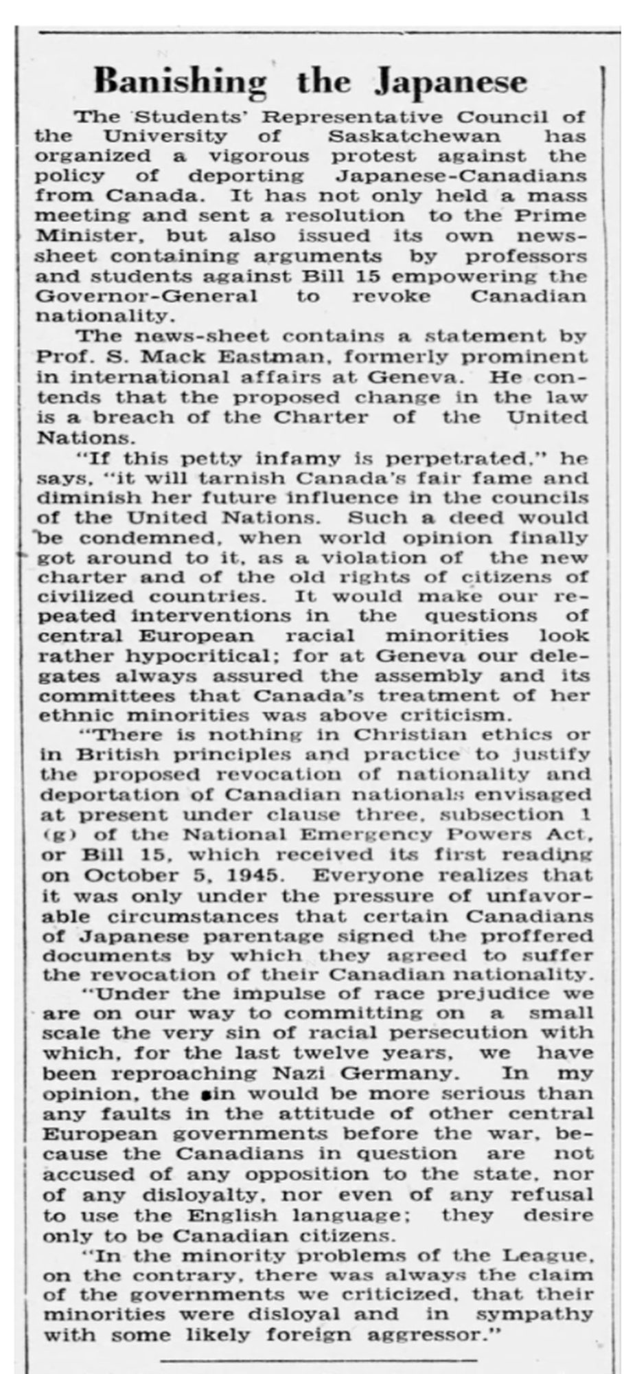 Newspaper clipping with title "Banishing the Japanese"