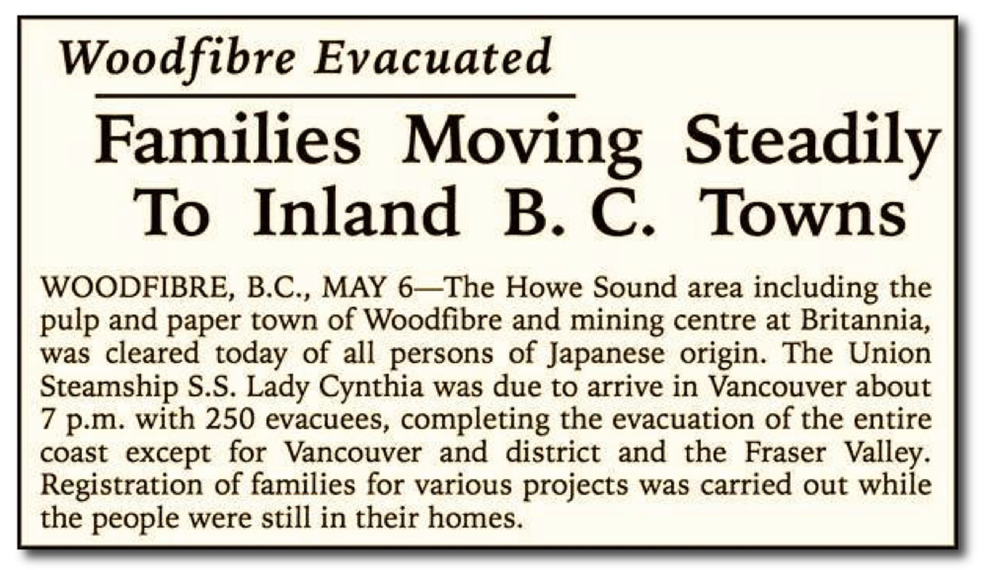 Newspaper clipping with title "Families Moving Steadily To Inland B.C. Towns